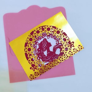 Cartão SVG Princesa Sol 5 x 7 pol. Modelo de arquivo Cricut Cartão de bolso triplo Contos de fadas Irmãos Grimm Festa de aniversário para meninas Silhueta Camada de camafeu