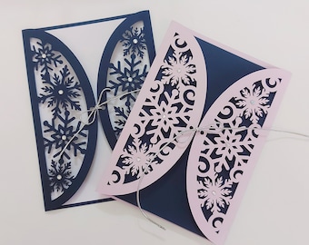 SVG Floral Invitation Snowflakes Cricut Cut File Template Set Two Gate Fold Cards Silhouette Cameo Laser Cut Wedding Winter Christmas Card
