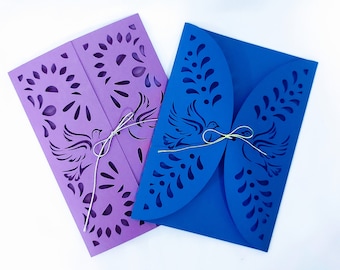 Plantilla de invitación de boda cortada a láser SVG de 5 x 7, tarjeta plegable con puerta, archivo de corte Cricut, Silhouette Cameo, papel picado, tarjeta de diseño mexicano, paloma folk