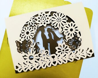 5x7 SVG Cricut Laser Cut Template Floral Wedding Invitation Couple Tree Tri Fold Card Cut File Love Tree Silhouette Cameo Butterflies