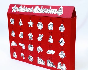 May include: A red cardboard Advent calendar with 24 numbered doors, each with a different Christmas-themed image. The calendar has the words "Advent Calendar" printed on the top.