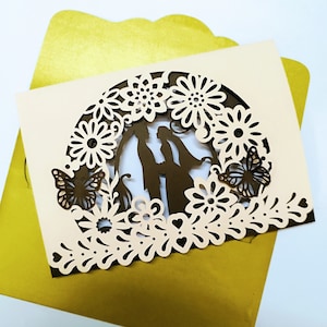 5x7 SVG Cricut レーザーカット テンプレート 花柄 結婚式招待状 カップル ツリー 三つ折りカード カットファイル ラブツリー シルエット カメオ 蝶