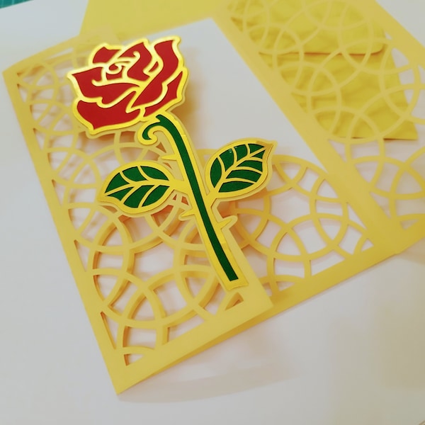 SVG Cricut Laser Cut Invitation Roses Template Enchanted Rose Silhouette Cameo Beauty and the Beast Theme Card Birthday Mother's Day Card