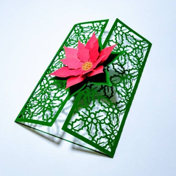 SVG Cut Files Poinsettias Christmas Flower Leaves Gate Fold Card Template Cricut Silhouette Cameo DXF Laser Cut Die Cut Merry Christmas Card