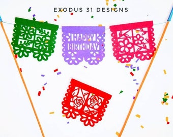 SVG CRICUT cut file TEMPLATE Papel Picado Mini banner 2.5 in happy birthday Fiesta cake topper flowers Laser Cut Silhouette Cameo Cricut Joy