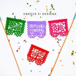SVG CRICUT archivo de corte PLANTILLA Papel Picado Mini banner 2.5 en feliz cumpleaños Fiesta pastel topper flores Laser Cut Silhouette Cameo Cricut Joy