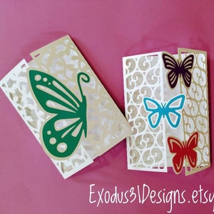 Butterfly SVG Cut Files Cricut Laser CutSet 2 Gate Fold Card Butterflies Spring Template Birthday Girl Invitation Card Silhouette Cameo DXF