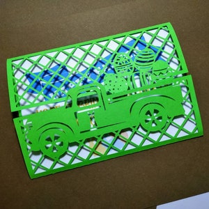 Modèles de fichiers SVG Carte de Pâques camion Silhouette Cricut découpée au Laser Cartes de Joyeuses Pâques Cadeaux Oeufs de Pâques Lapin Invitation Gate Fold Die Cut