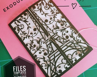 5x7 inches card SVG cut file Cricut Template Gate Fold Card Eiffel Tower Swirls flourish Wedding Sweet Sixteen, Quinceañera Invitation Cameo