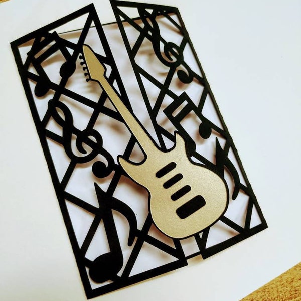 Modèle de carte musicale de dossier de porte de fichier SVG. Carte d'anniversaire de guitare de musique. Cadeau pour musicien. Fichier de découpe DXF Ai png jpg Carterie découpée au laser