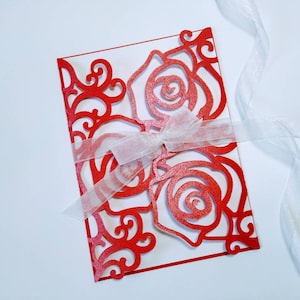 5 x 7 SVG faire-part de mariage découpé au laser avec porte, carte de pliage, fichier de coupe Cricut silhouette camée DXF, tourbillons de roses, carte de mariage romantique cricut bricolage