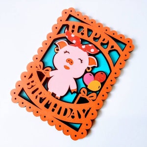 SVG Cricut Datei Vorlage Bandana Schwein Geburtstagsparty alles Gute zum Geburtstag Vier-Schichten-Karte 3D Schwein Thema Laser-Schnitt DXF Silhouette Cameo Laser-Schnitt Ai