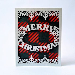 Tarjetas navideñas SVG, plantilla de Cricut a cuadros de búfalo, capas, archivo de corte, tarjeta, silueta, cameo, archivo de corte láser DXF, copos de nieve de Feliz Navidad, svg