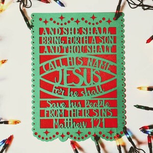 Plantilla de tarjeta SVG Cricut Versículo bíblico de Navidad Mateo 1:21 Tarjeta de dos capas Silhouette Cameo Archivo DXF cortado con láser Navidad, Su nombre Jesús JPG