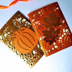 SVG Abóboras Cartão de convite Cricut Cut File Ação de Graças Abóbora Gate Fold Card Templates Autumn Leaves Fall Silhouette Cameo Corte a laser DIY