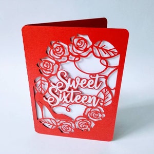 SVG Sweet Sixteen Karte Cricut Einladung Vorlagen Rosen Ordner Karte High Heels Schuhe Sweet Sixteen Geburtstagskarte Laser Cut Silhouette Cameo