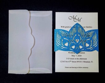 Set SVG Peacock Belly Band and Envelope Cut Files Cricut 5x7 Printable Invitation Word Format Peacock Fall Silhuette Cameo DXF Cut Files