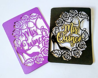SVG Template Cricut Quinceañera Roses Folder Card High Heels Shoe Birthday Party Mis 15 Años Invitation Laser Cut Silhouette Cameo Layered