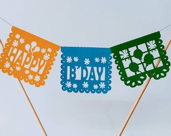 3 SVG cut file TEMPLATES Papel Picado Mini banners happy birthday cake topper happy b-day breakfast Laser Cut Cricut Silhouette Cameo Fiesta