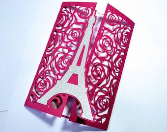 Eiffel Tower Roses Wedding Invitation SVG Template Gate Fold Card Sweet Sixteen Quinceañera Cutting File Laser Cut Silhouette Cameo dxf file