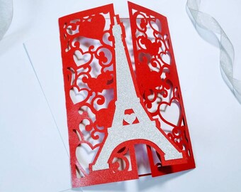 SVG wedding invitation anniversary card eiffel tower hearts cricut cut files silhouette cameo laser cut dxf sweet sixteen quinceañera cards