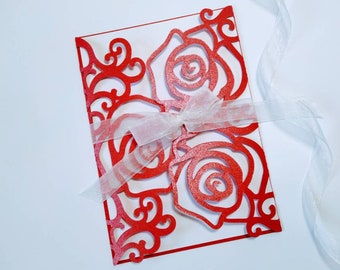 5x7 SVG Laser Cut Wedding Invitation Roses Gate Fold Card Cricut Cut File Silhuette Cameo DXF Swirls Roses Romantic Wedding Card cricut diy