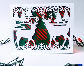 SVG Christmas Reindeer Cards Buffalo Plaid Cricut Template Three Layer Silhouete Cameo DXF Laser Cut File Merry Christmas Card Snowflakes ai