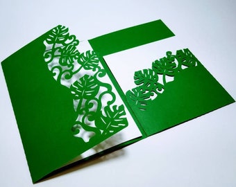 SVG-mall Trippelvikt fickinbjudningskort Monstera tropisk löv strand bröllopsinbjudan grön gul laserskuren Cricut silhuett cameo