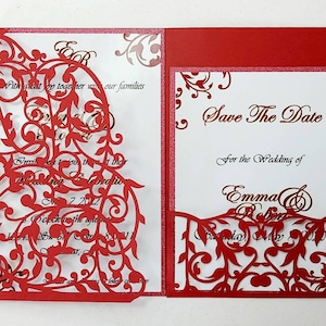 Convite de casamento com corte a laser SVG de 5 x 7 pol., cartão de bolso triplo, arquivos de corte Cricut, silhueta, camafeu, arabescos, damasco, design espiralado, cartão de luxo