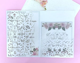 5x7 SVG Laser Cut Wedding Invitation Tri Fold Pocket Card Cricut Cut File Silhouette Cameo DXF Ai antique lace design card luxury invitation