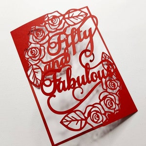 5 x 7 kaart SVG gesneden bestand Cricut Fifty & Fabulous Gate vouw uitnodiging 50e jaar verjaardagsfeestje jaren vijftig rozen kaart Silhouette Cameo Laser
