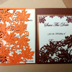 5x7 SVG レーザーカット 結婚式招待状 三つ折りポケットカード Cricut テンプレート カットファイル 秋の葉 秋の結婚式招待状 感謝祭 svg