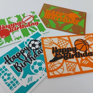 Lot de sports SVG joyeux anniversaire garçon cartes SVG fichier de coupe Cricut baseball football football basket-ball découpé au laser silhouette camée anniversaire papa