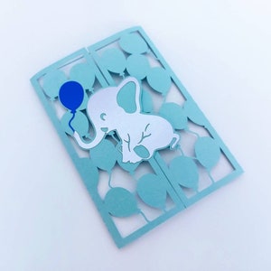 Tarjeta de invitación para baby shower con diseño de elefante en formato SVG y Cricut, archivo de corte para niño con globo, plantillas para invitaciones para fiesta de revelación de género de niña