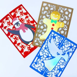 Lot de cartes de Noël Cricut SVG fichiers coupés modèles Noël ange pingouin bonhomme en pain d'épice cookie Silhouette camée modèle découpé au laser SVG