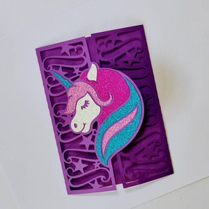 Unicorn SVG Cricut Template Gate Fold Card Invitation Unicorn Layered Birthday Party Cut File Supplies Laser Cut Cricut Silhouette Cameo SVG