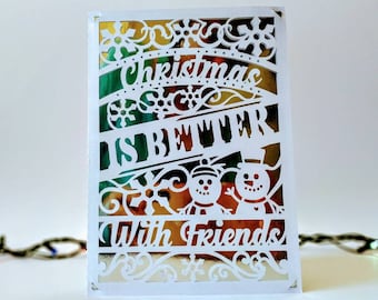SVG Cut File Cricut Christmas Card Templates Snowman Merry Christmas Gifts Laser Cut Silhouette Cameo DXF Christmas With Friends Folder Card