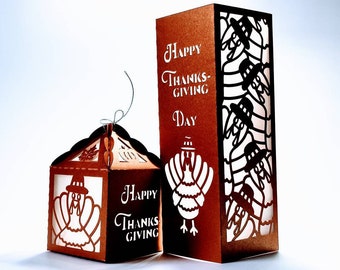 SVG Cut File Template Paper Lantern HAPPY THANKSGIVING Day Centerpiece Cricut Decor Autumn Pumpkin Silhouette Cameo Turkey favor box gift
