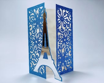 Eiffel Tower SVG Laser Cut Files Templates Winter Paris Wedding Invitation Christmas Snowflakes Gate Fold Card Cricut Silhouette Cameo DIY