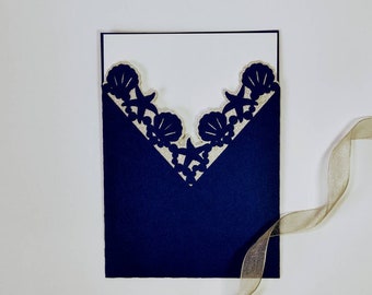 Convite de casamento cortado a laser SVG Cricut Arquivos de corte Modelo Convite de casamento na praia Cartões com tema marinho Silhueta Cameo dxf Ostra Estrela do mar