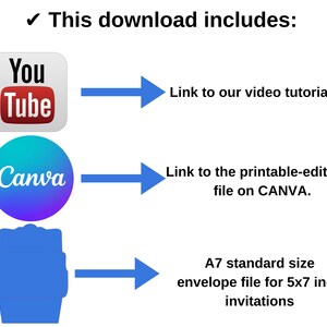 以下が含まれることがあります： このダウンロードには、YouTubeのビデオチュートリアルのリンク、印刷可能な招待状用のCanvaファイル、および12.7 x 17.8 cmの招待状用の印刷可能なA7封筒ファイルが含まれています。