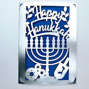 Joyeux Hanoucca dossier carte SVG coupe fichier Menorah étoile de David dreidel Cricut modèle laser chandelier Fête des lumières Silhouette camée