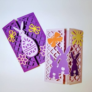 Conjunto de 2 modelos SVG de coelhos de Páscoa, cartões Gate Fold Cricut Silhouette Laser Cut, feliz Páscoa, primavera, crianças, cartões, ovos de Páscoa, tema de primavera