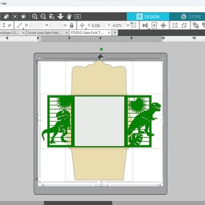 May include: A green dinosaur silhouette design for a gatefold card. The design features two dinosaurs with palm trees and a rectangular space for a photo or message.