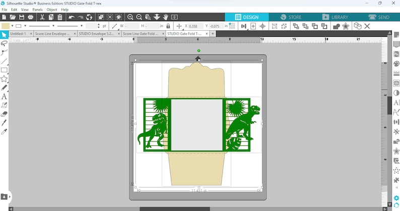 May include: A green dinosaur silhouette design for a gatefold card. The design features two dinosaurs with palm trees and a rectangular space for a photo or message.