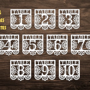 SVG Schnittdateien Papel Picado Tischnummern 1 bis 20 Hochzeitsdekor Cricut Silhouette Cameo Brother Scan Cut Laser Mexikanische Hochzeit Herzstück