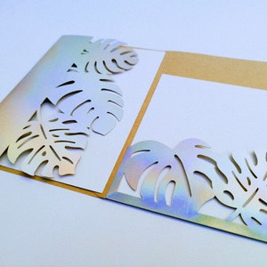 SVG Template Tri Fold Pocket Card Wedding Invitation Cricut Tropical leaves Monstera Summer Wedding Cutting File Laser Cut Silhouette Cameo