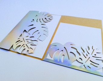 SVG-mall Trippelvikt Pocketkort Bröllopsinbjudan Cricut Tropiska löv Monstera Sommarbröllop Skärfil Laserskuren Silhuett Cameo
