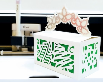 Plantillas de archivos de corte SVG de caja de Navidad, caja de regalo decorada con diseño de árboles de Navidad para Cricut Silhouette Cameo Laser Cut Brother Scan