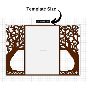 May include: A brown laser-cut invitation template with a tree design. The template is 10.34 inches by 7 inches and features a rectangular center for text. The tree design is on the left and right sides.